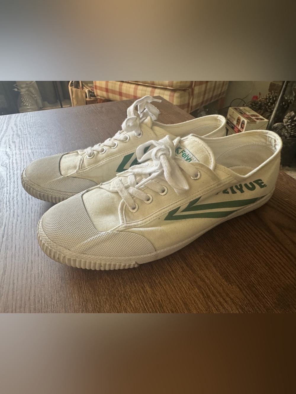 Feiyue White Canvas Sneakers with Green Chevron Accents